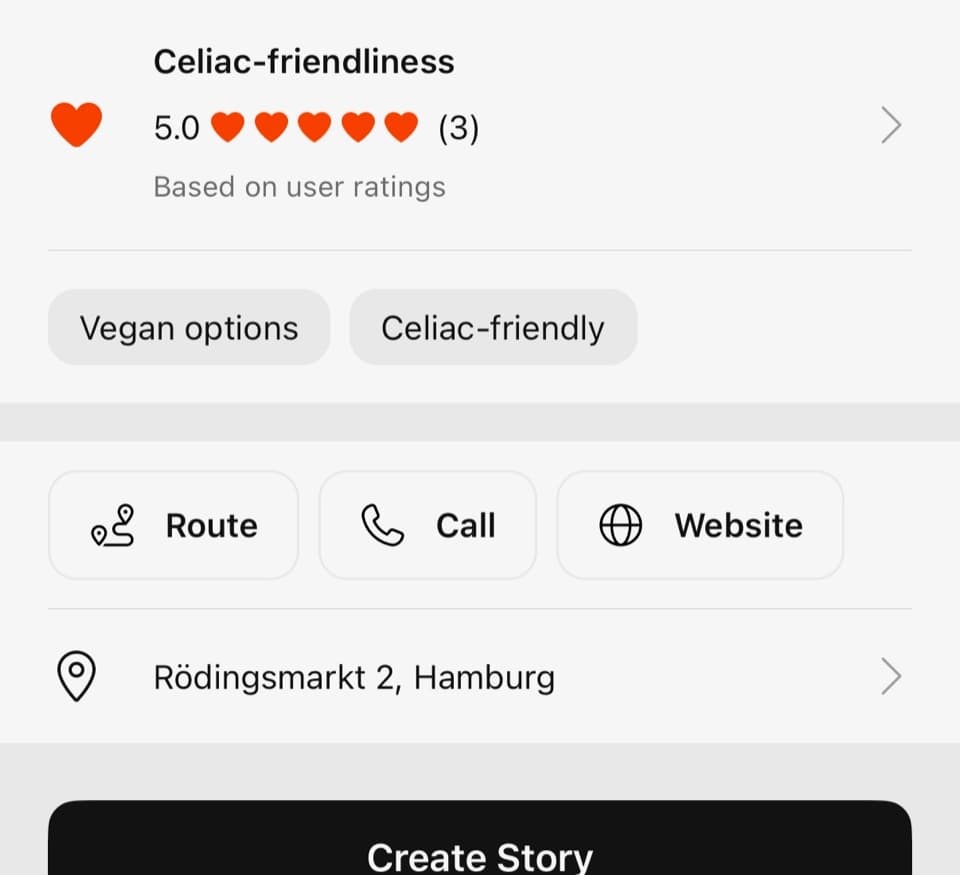 FoodQuest place page with a 5.0 celiac-friendliness rating based on member reviews