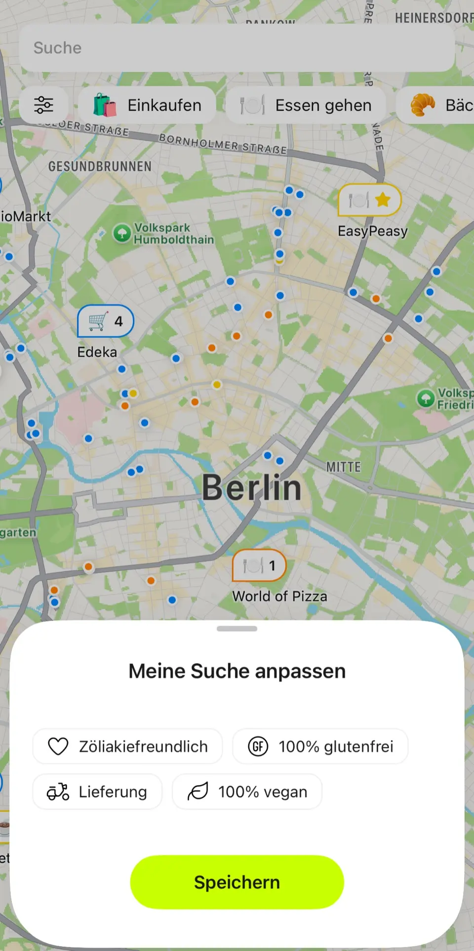 FoodQuest-Karte von Berlin mit Suchfiltern für zöliakiefreundliche und 100% glutenfreie Orte